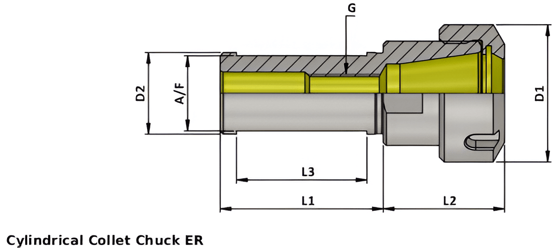 DIA 5/8'' ER 11 L 100 ER Cylindrical Collet Chuck With Slotted Nut